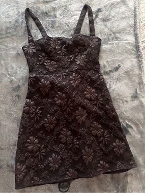 Elegant Black Floral Jacquard Mini Dress